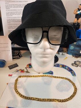 90s Hip-Hop Gold Chain Costume Kit (Bucket Hat + Sunglass + Gold Chain)